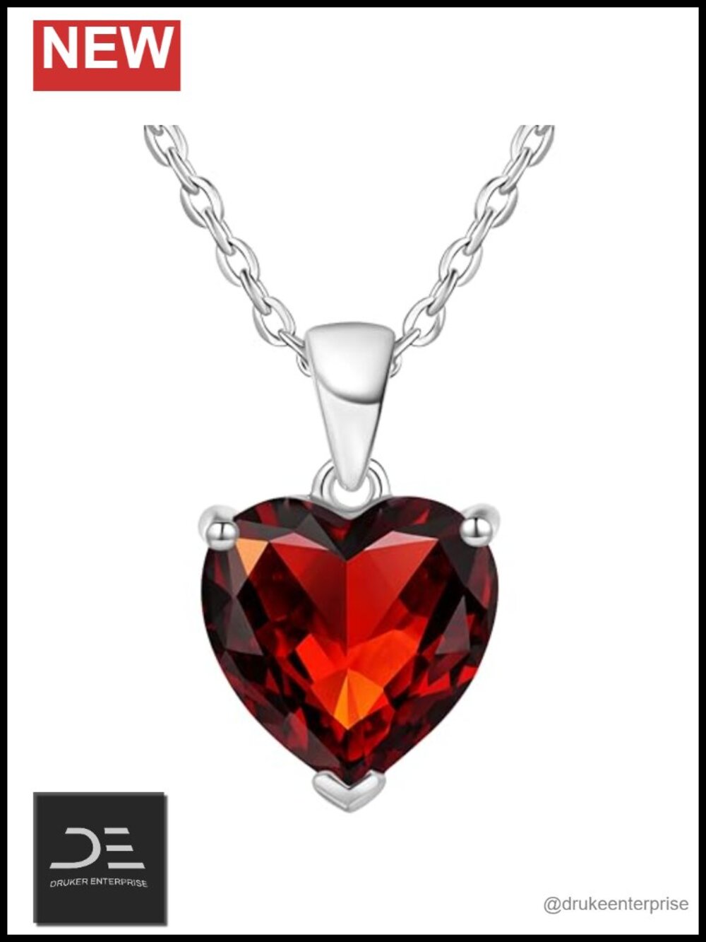 925 Sterling Silver Heart Pendant Necklace with Simulated Garnet